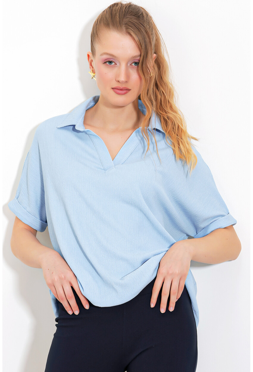 0486 Polo Yaka Örme Bluz