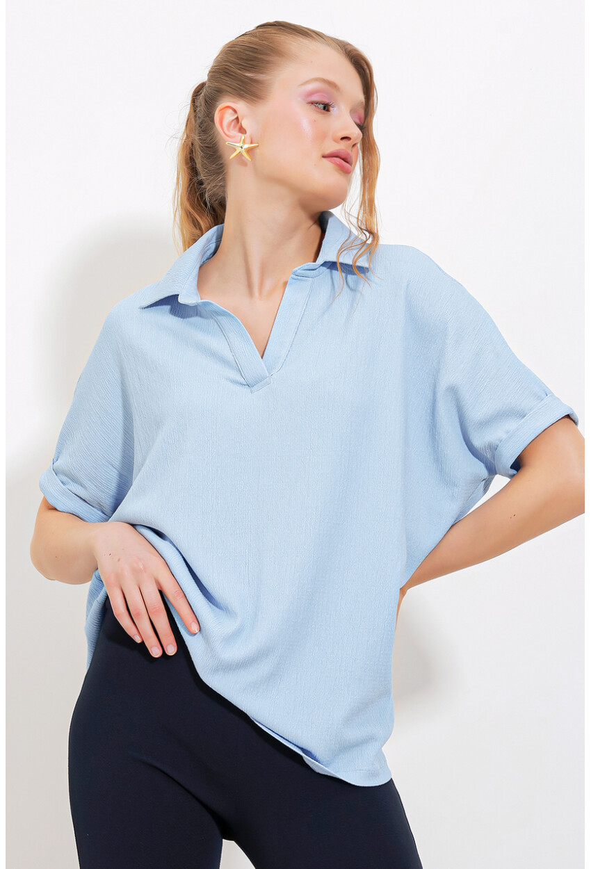 0486 Polo Yaka Örme Bluz