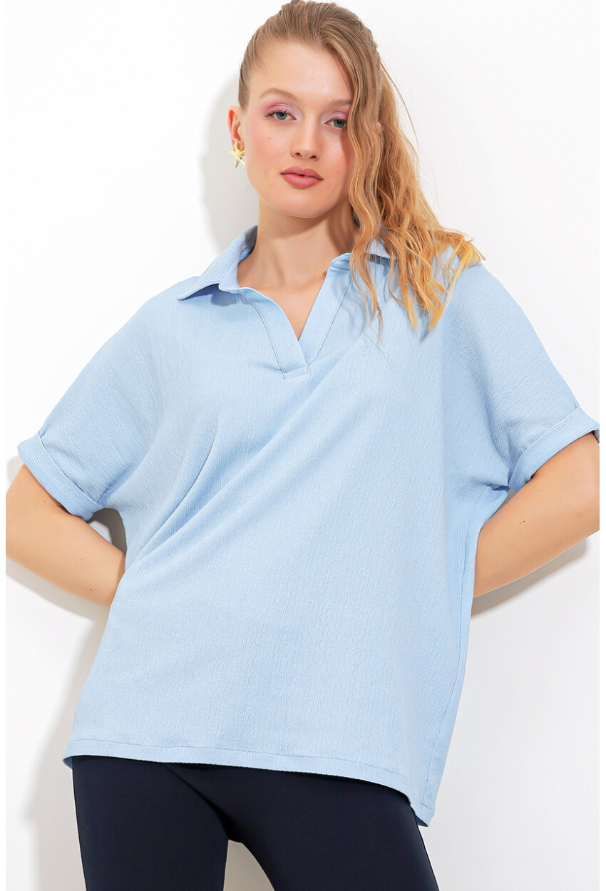 0486 Polo Yaka Örme Bluz