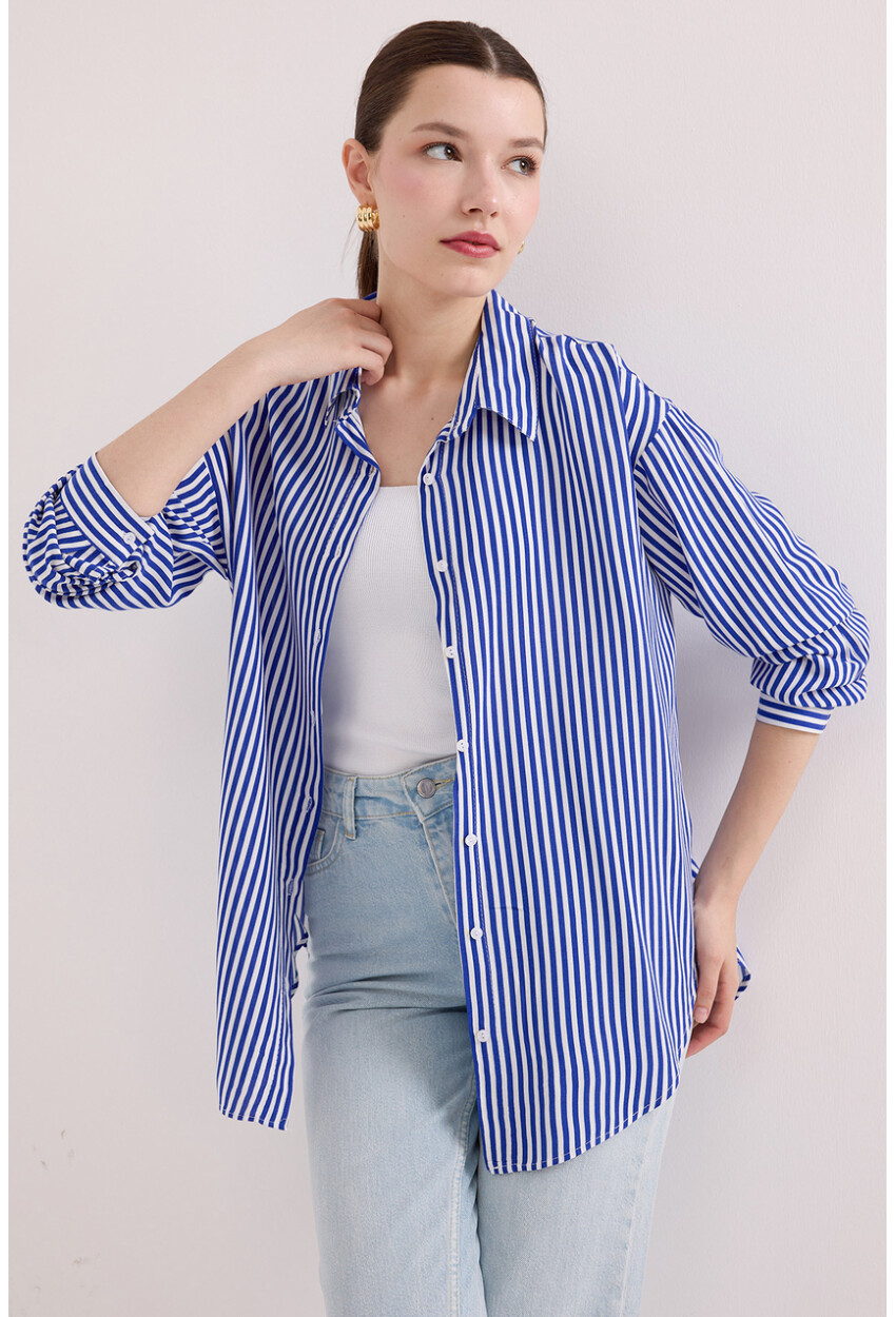 Womens Navy White Oversized Viscose Shirt