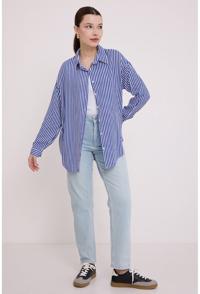 Womens Navy White Oversized Viscose Shirt