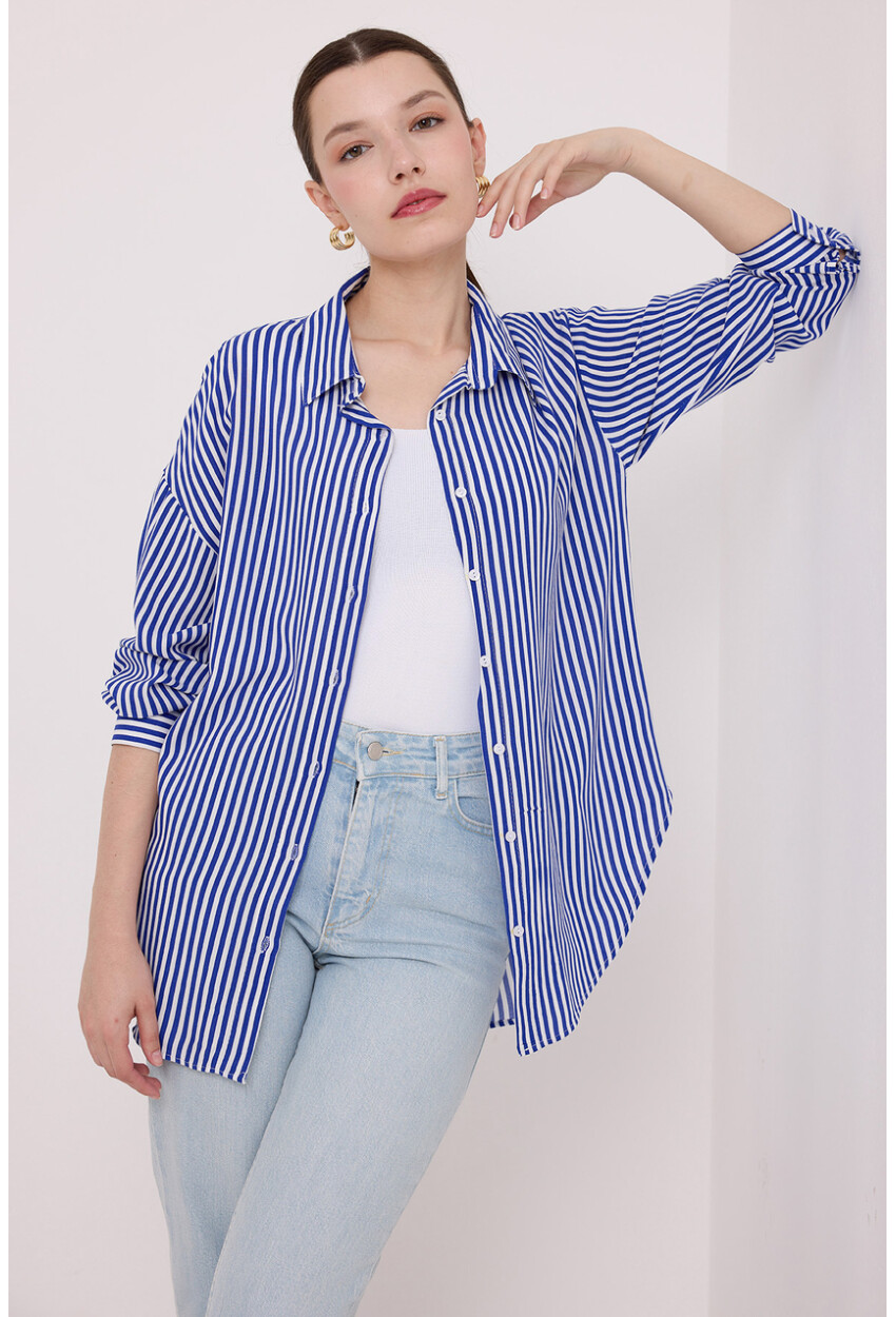 Womens Navy White Oversized Viscose Shirt