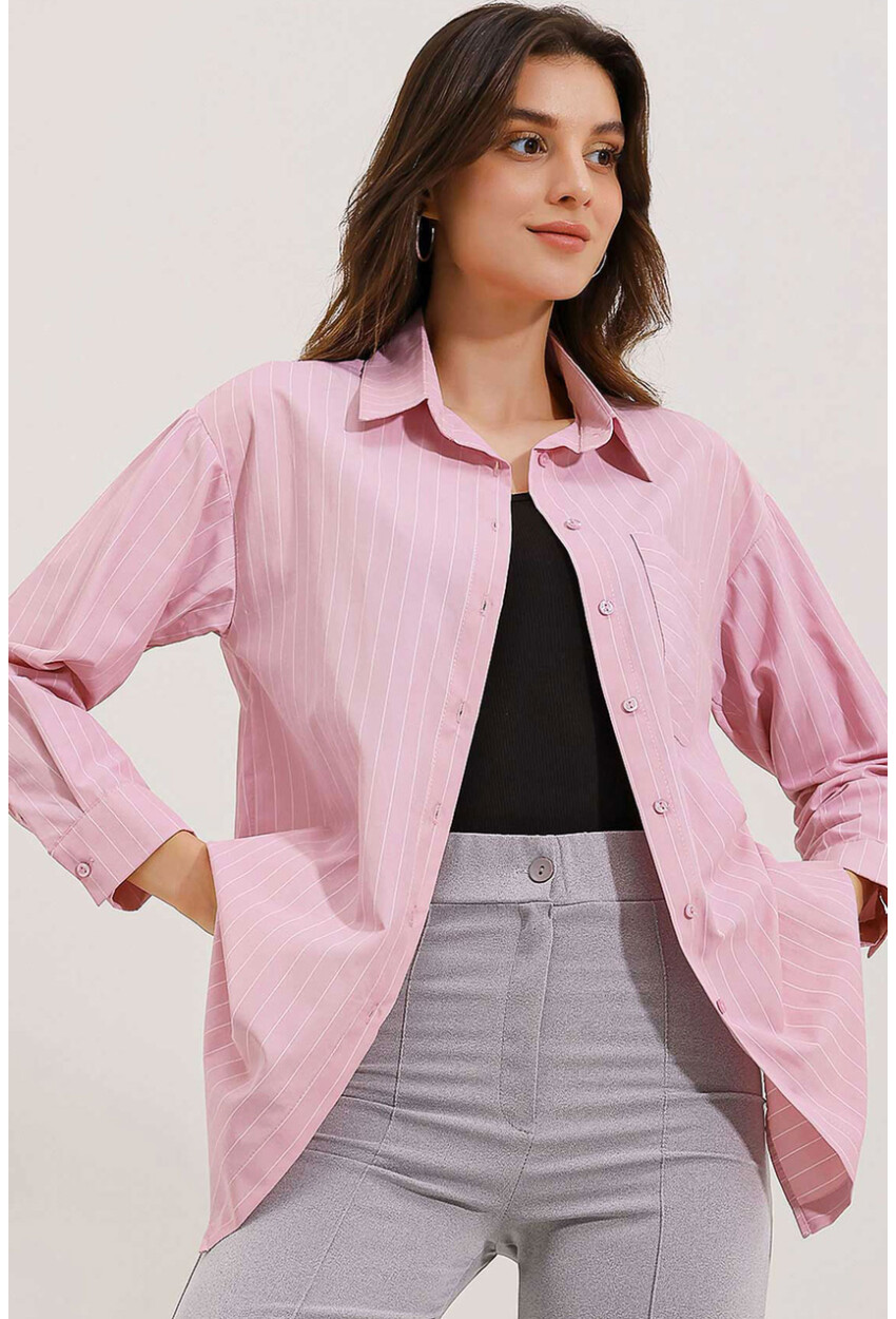 20217 Striped Oversized Shirt With Pocket Detail