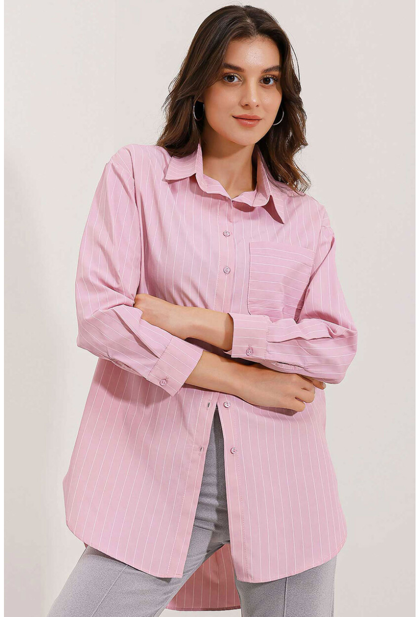 20217 Striped Oversized Shirt With Pocket Detail