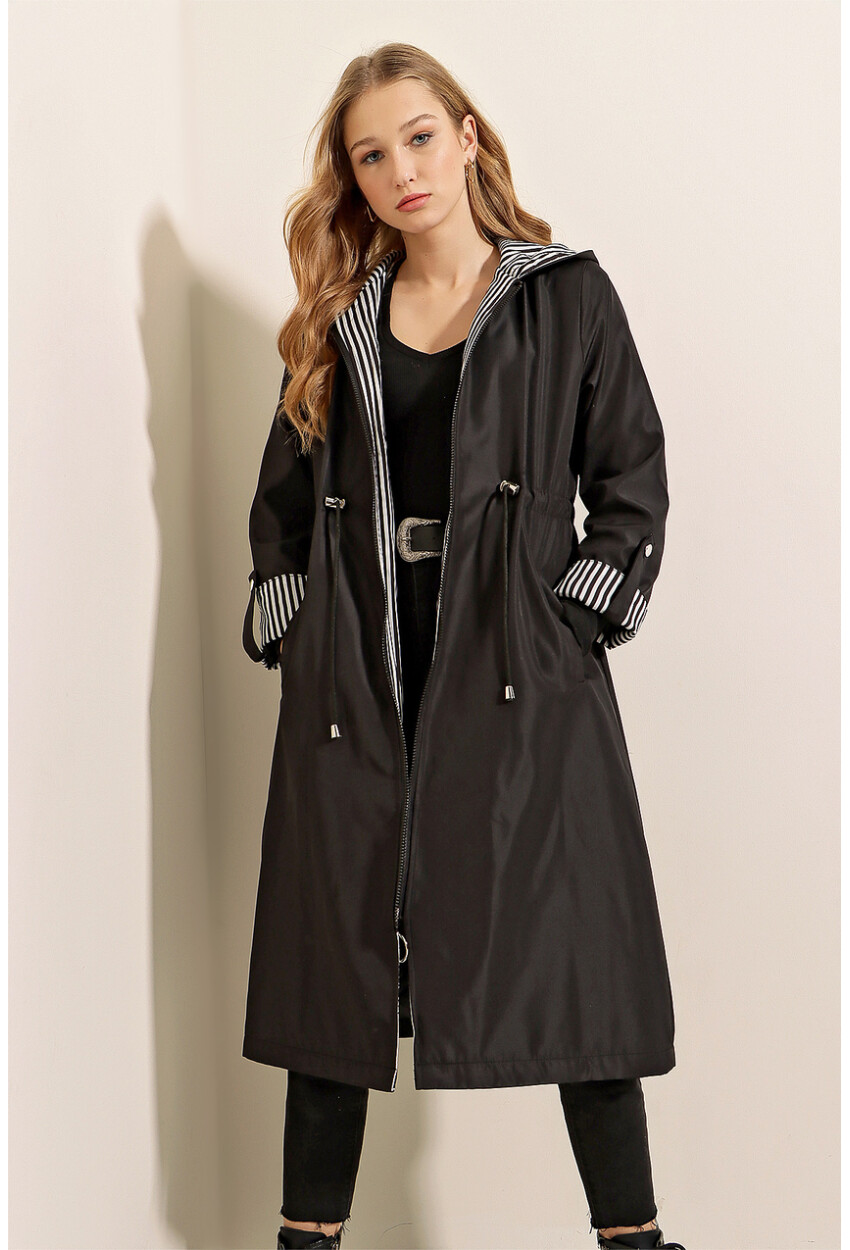 9091 Ruched Waist Hooded Trench Coat