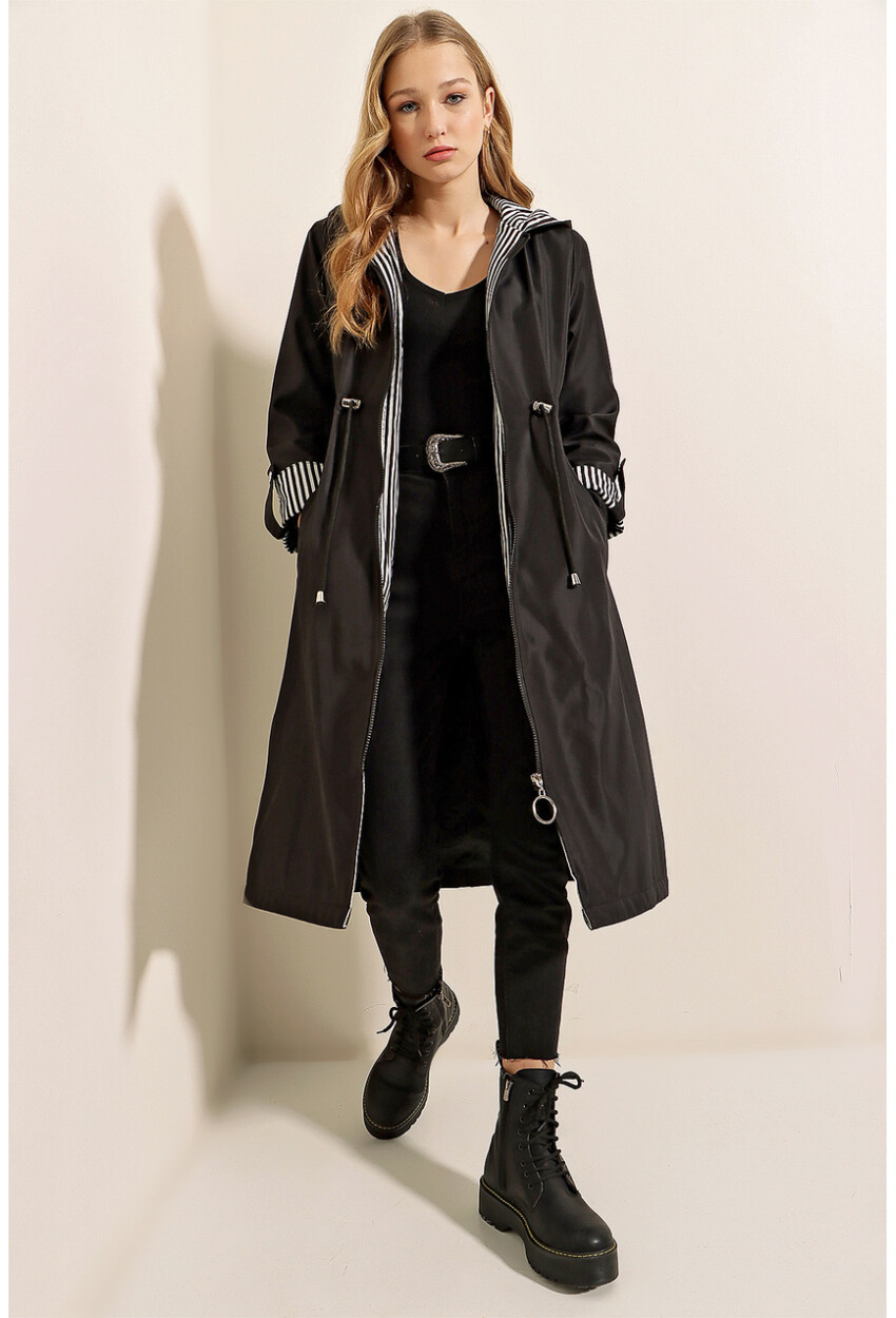 9091 Ruched Waist Hooded Trench Coat
