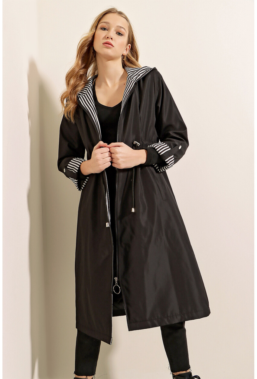9091 Ruched Waist Hooded Trench Coat