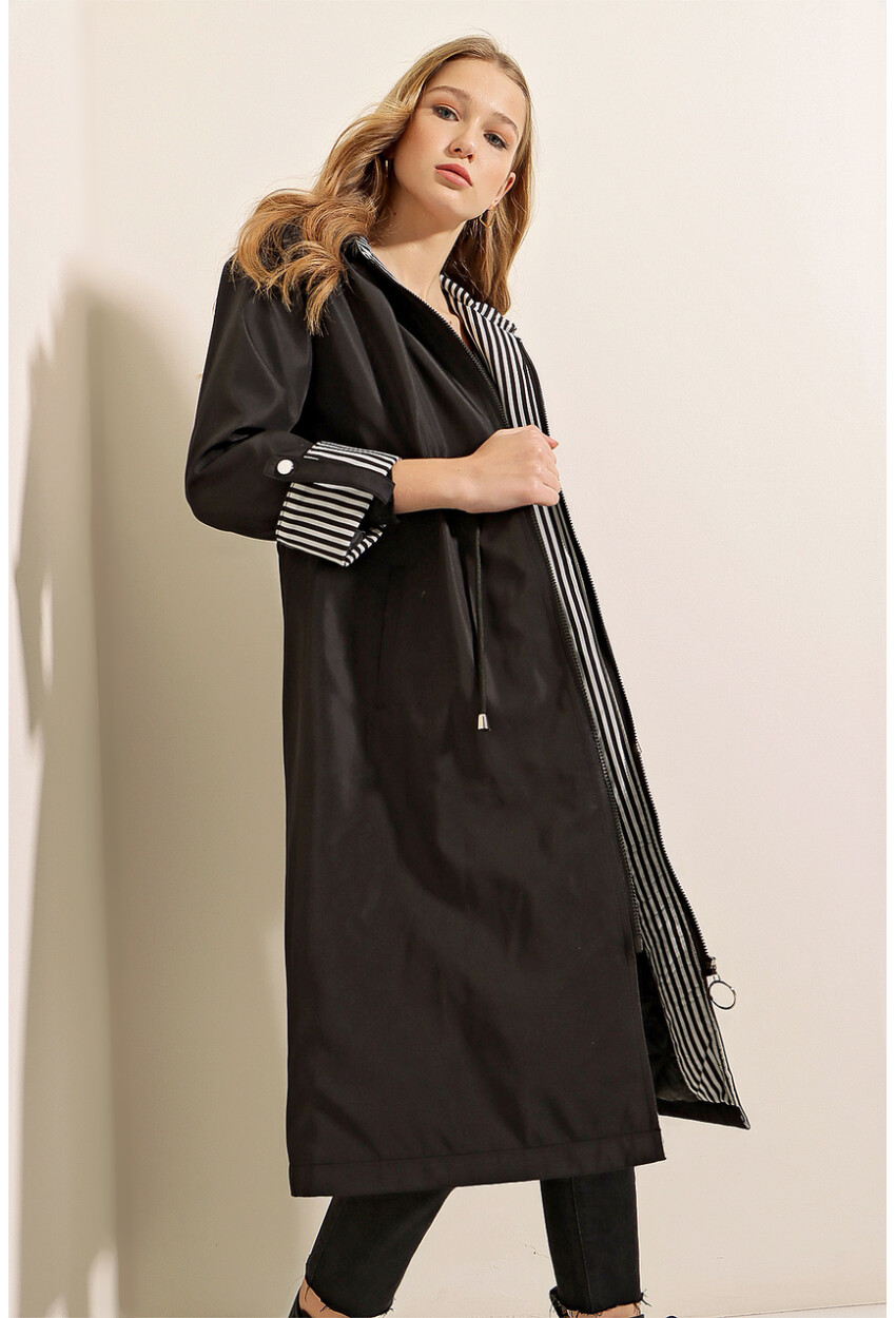 9091 Ruched Waist Hooded Trench Coat