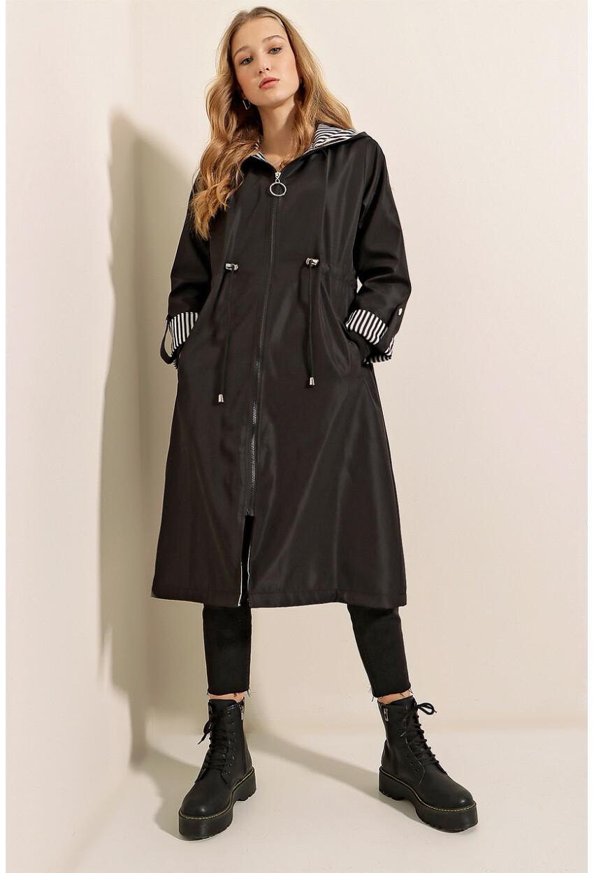 9091 Ruched Waist Hooded Trench Coat