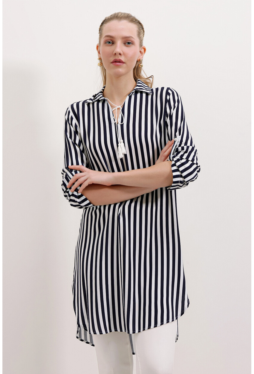 5613 Striped Tunic With Tie Collar