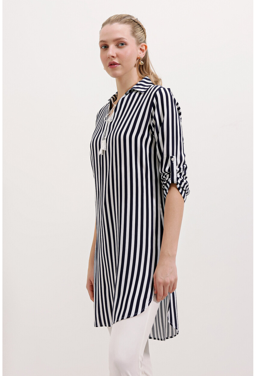5613 Striped Tunic With Tie Collar