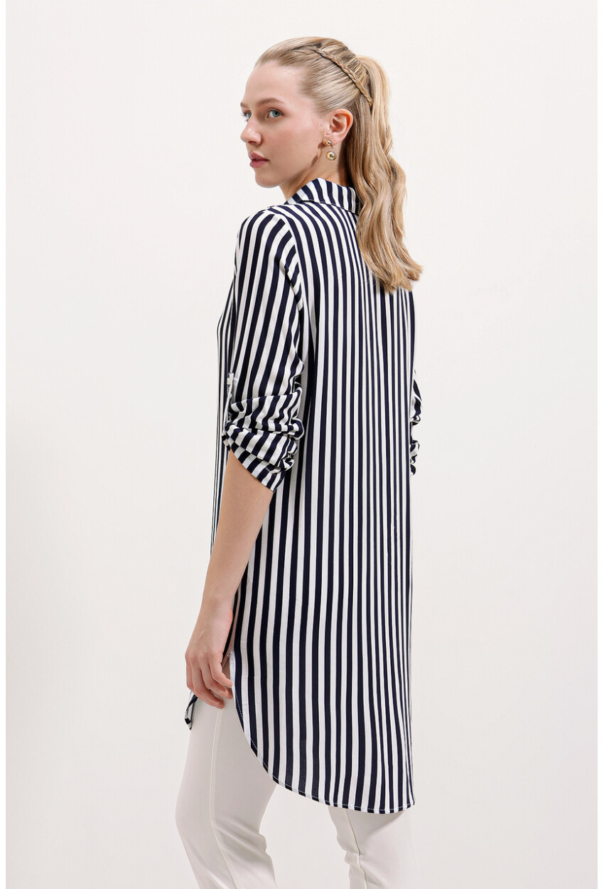 5613 Striped Tunic With Tie Collar