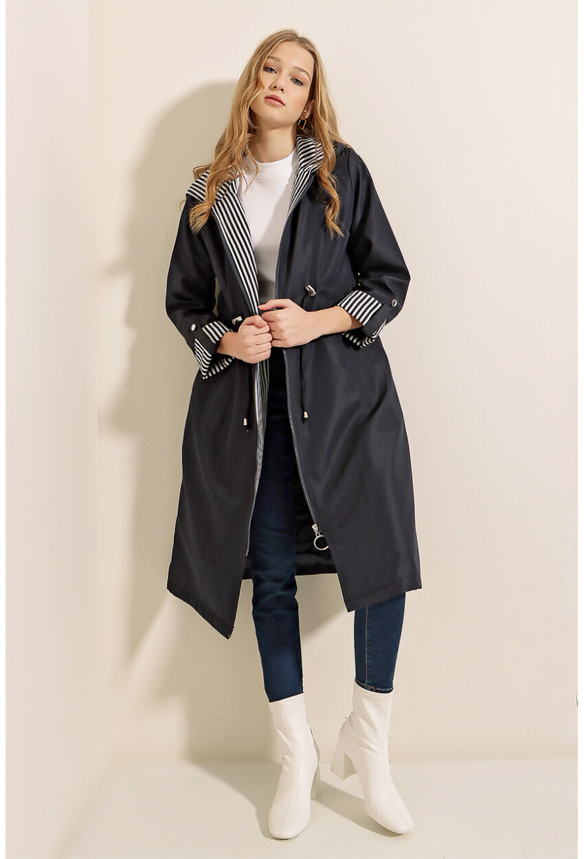9091 Ruched Waist Hooded Trench Coat