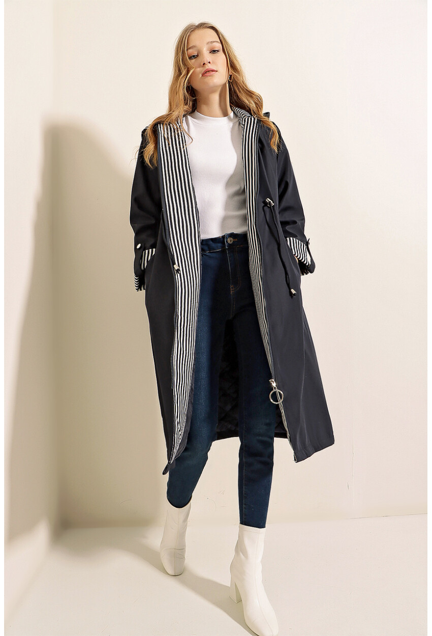 9091 Ruched Waist Hooded Trench Coat