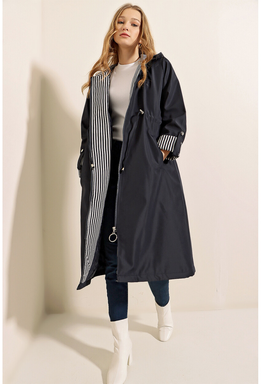 9091 Ruched Waist Hooded Trench Coat