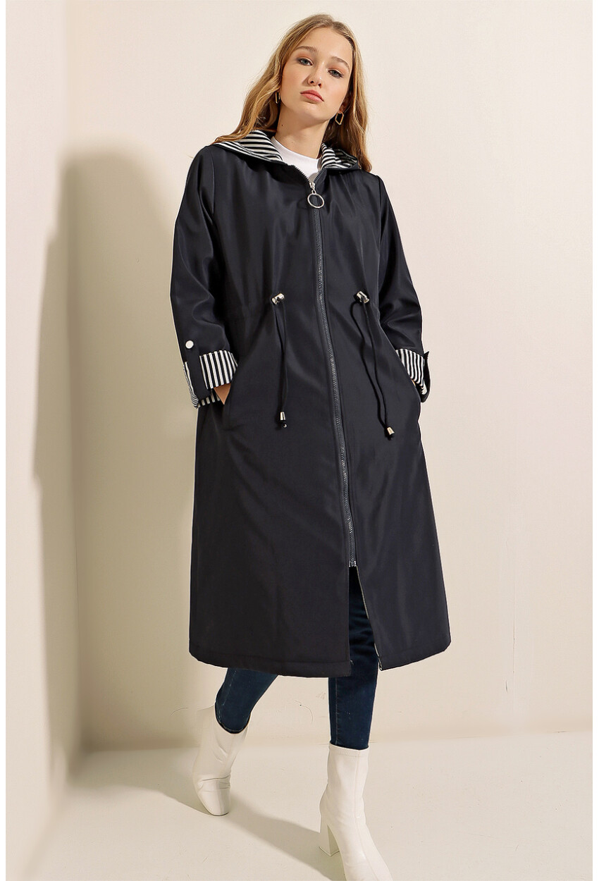 9091 Ruched Waist Hooded Trench Coat