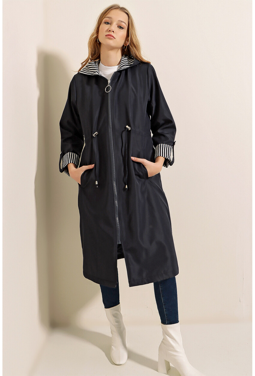 9091 Ruched Waist Hooded Trench Coat