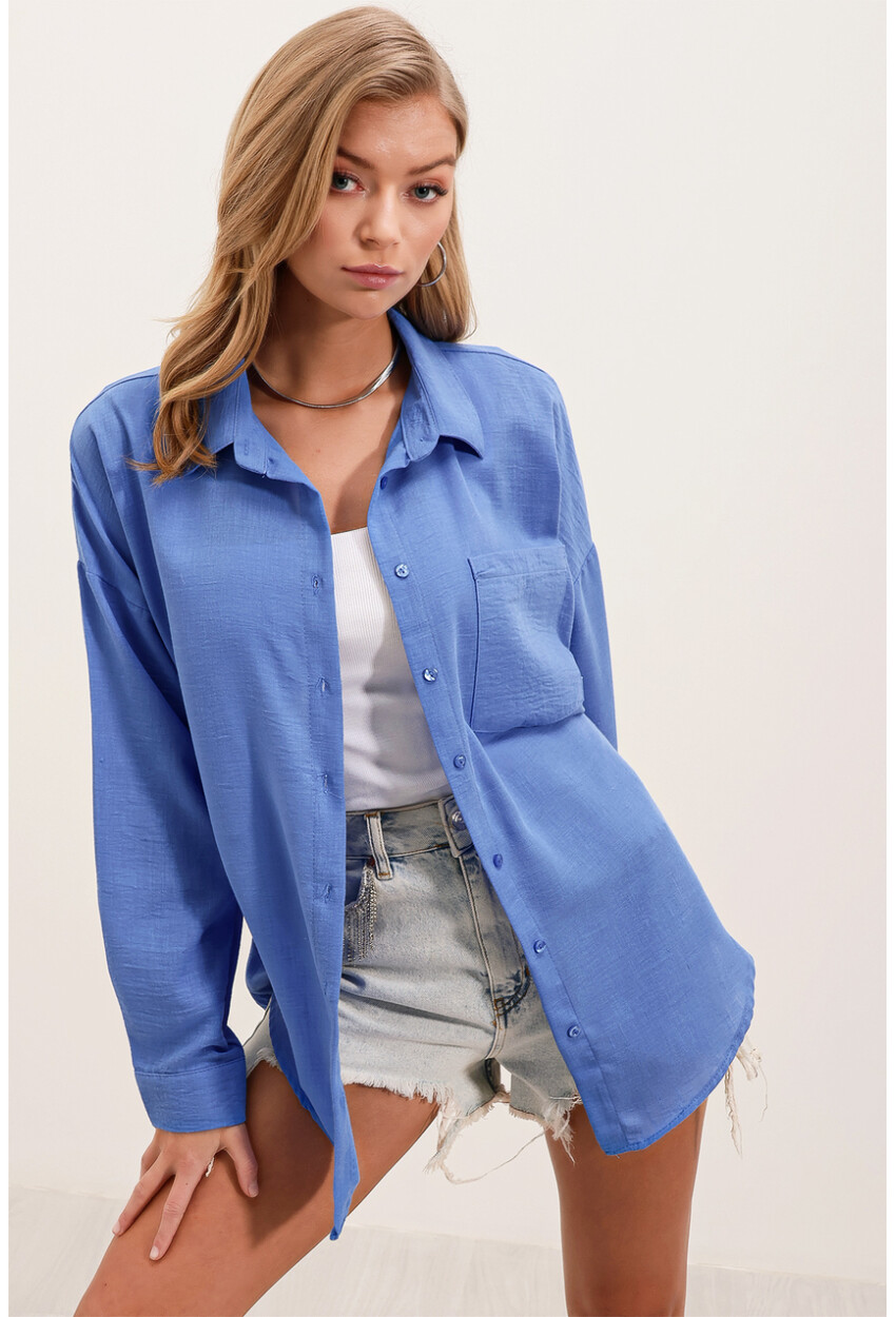 20153 Oversized Linen Shirt With Single Pocket