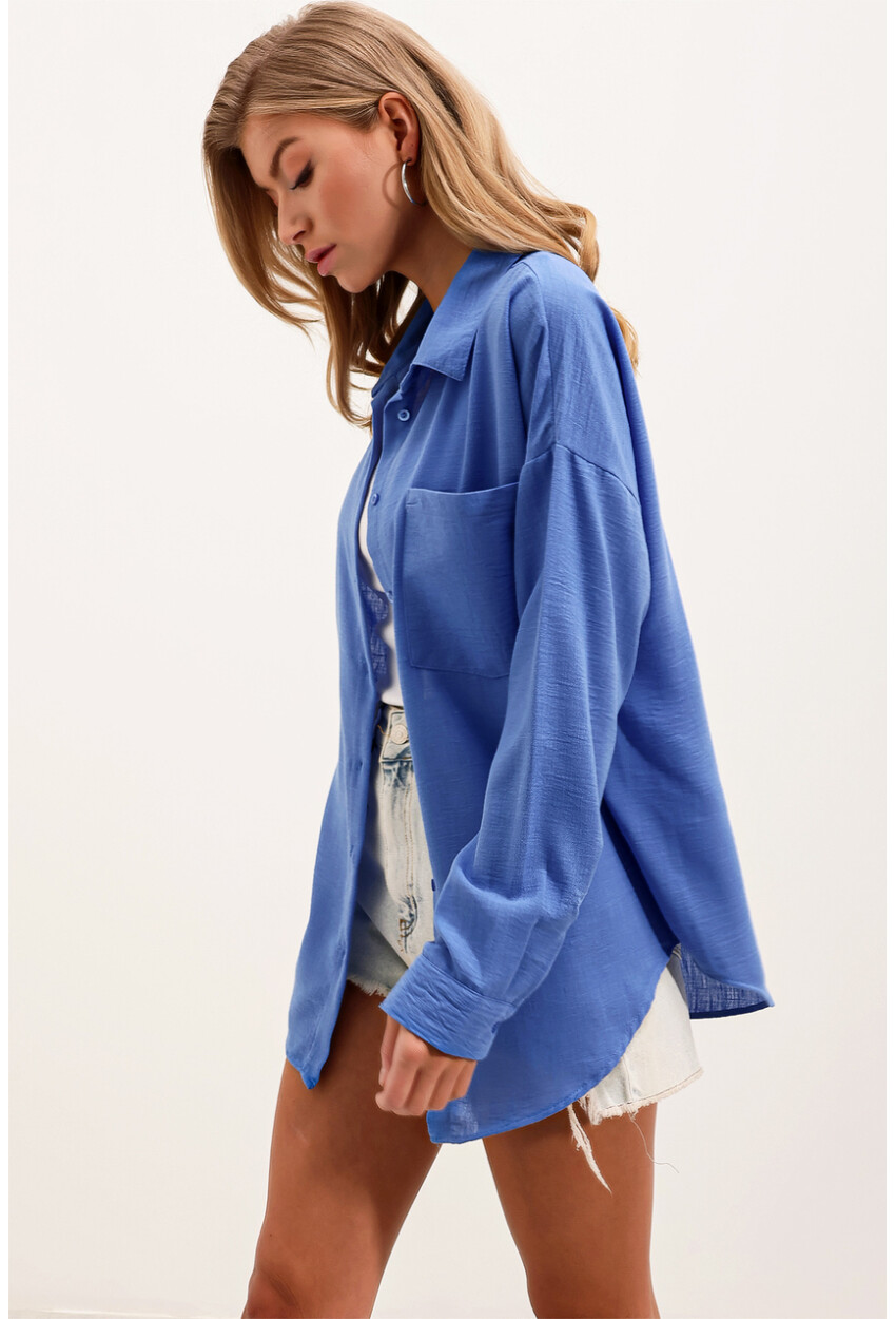 20153 Oversized Linen Shirt With Single Pocket