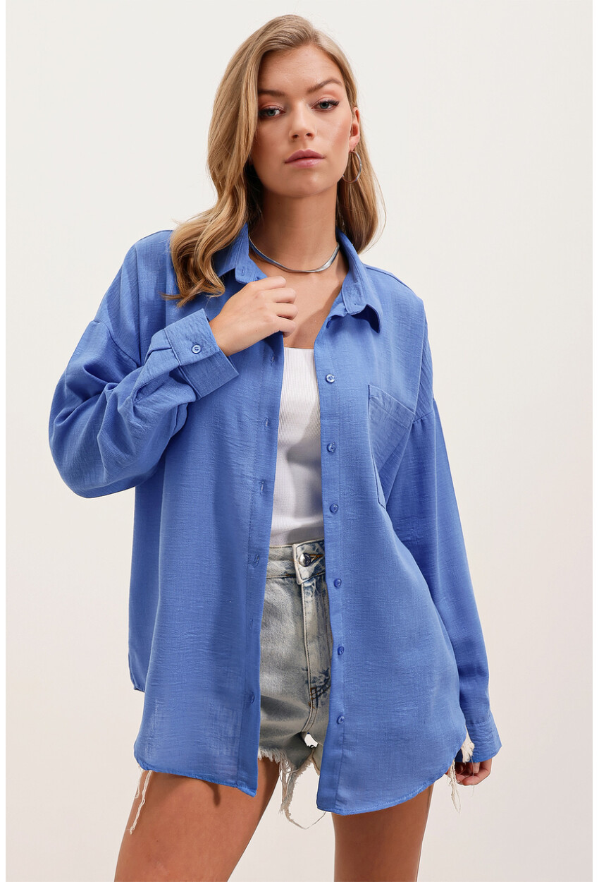 20153 Oversized Linen Shirt With Single Pocket