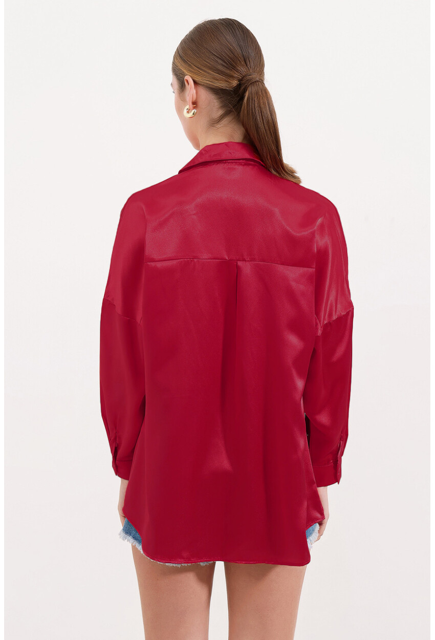 3985 Oversize Saten Gömlek - Bordo