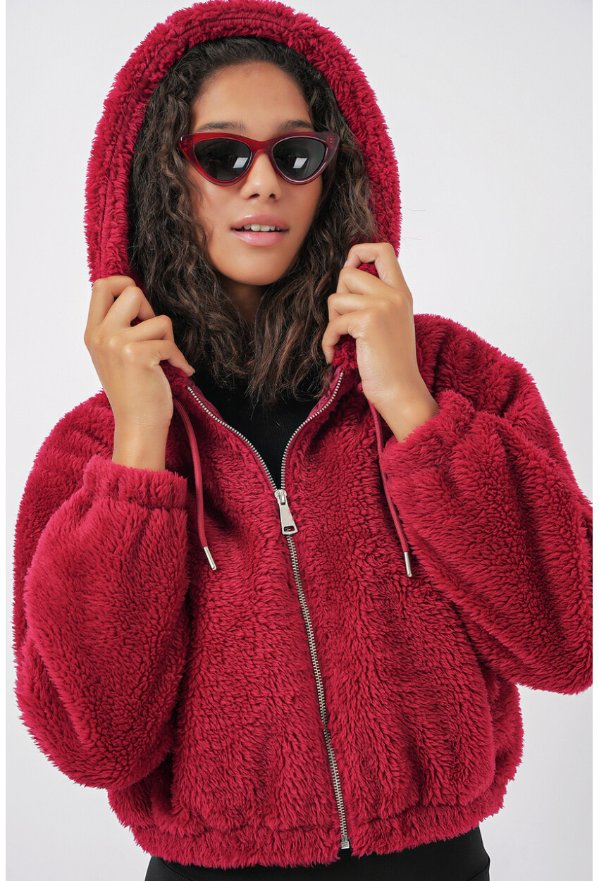 5193 Kapüşonlu Peluş Crop Ceket
