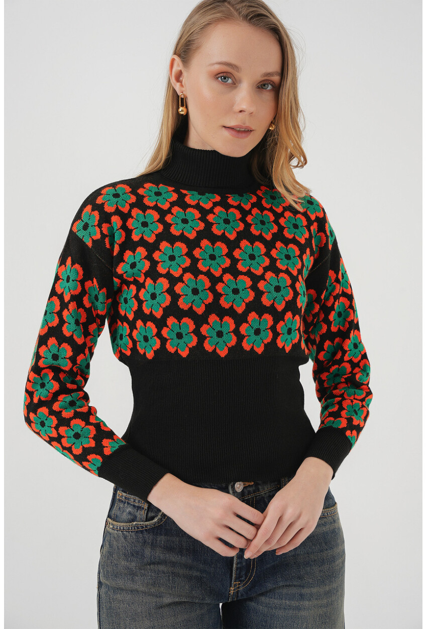 15801 Turtleneck Patterned Crop Sweater