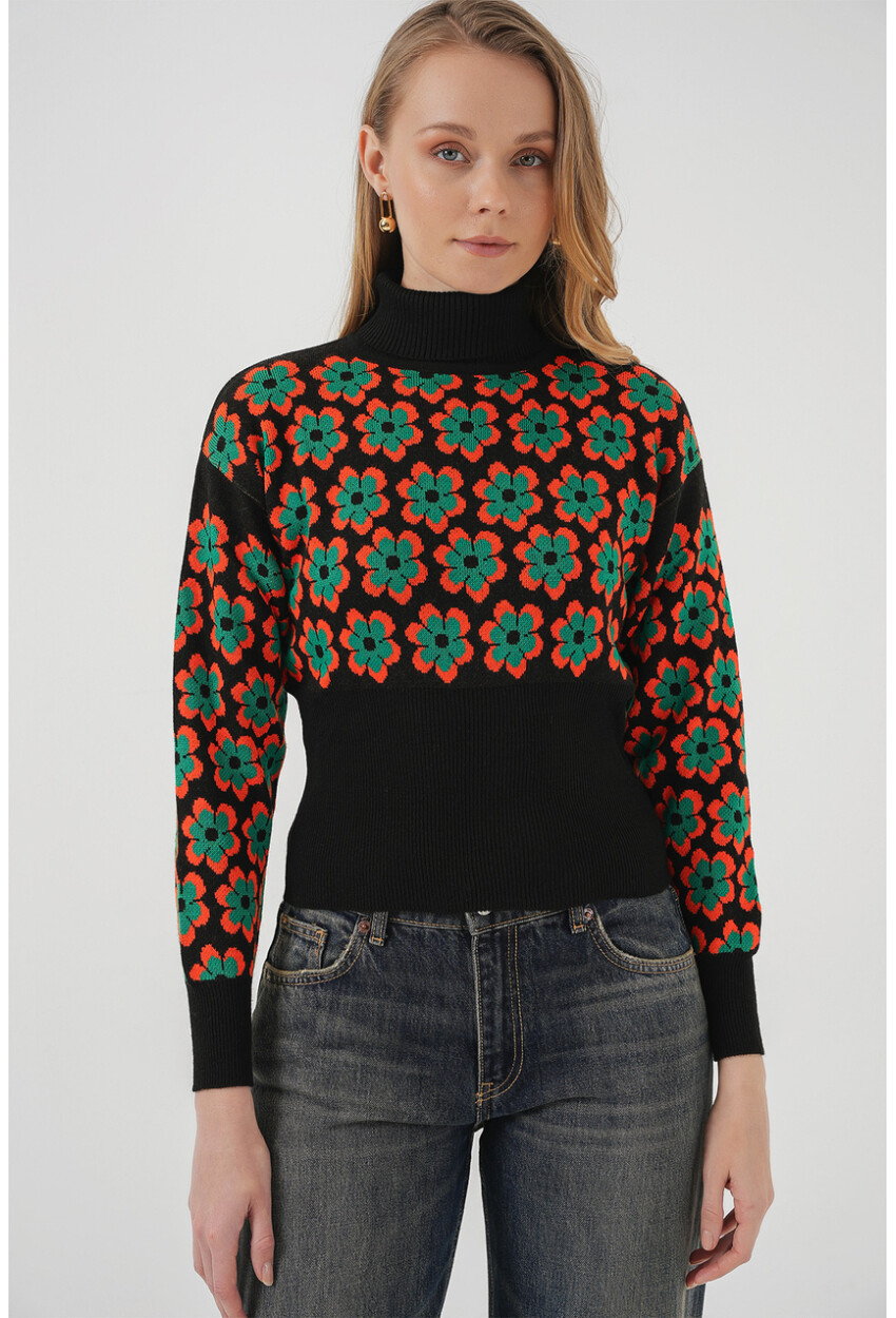 15801 Turtleneck Patterned Crop Sweater