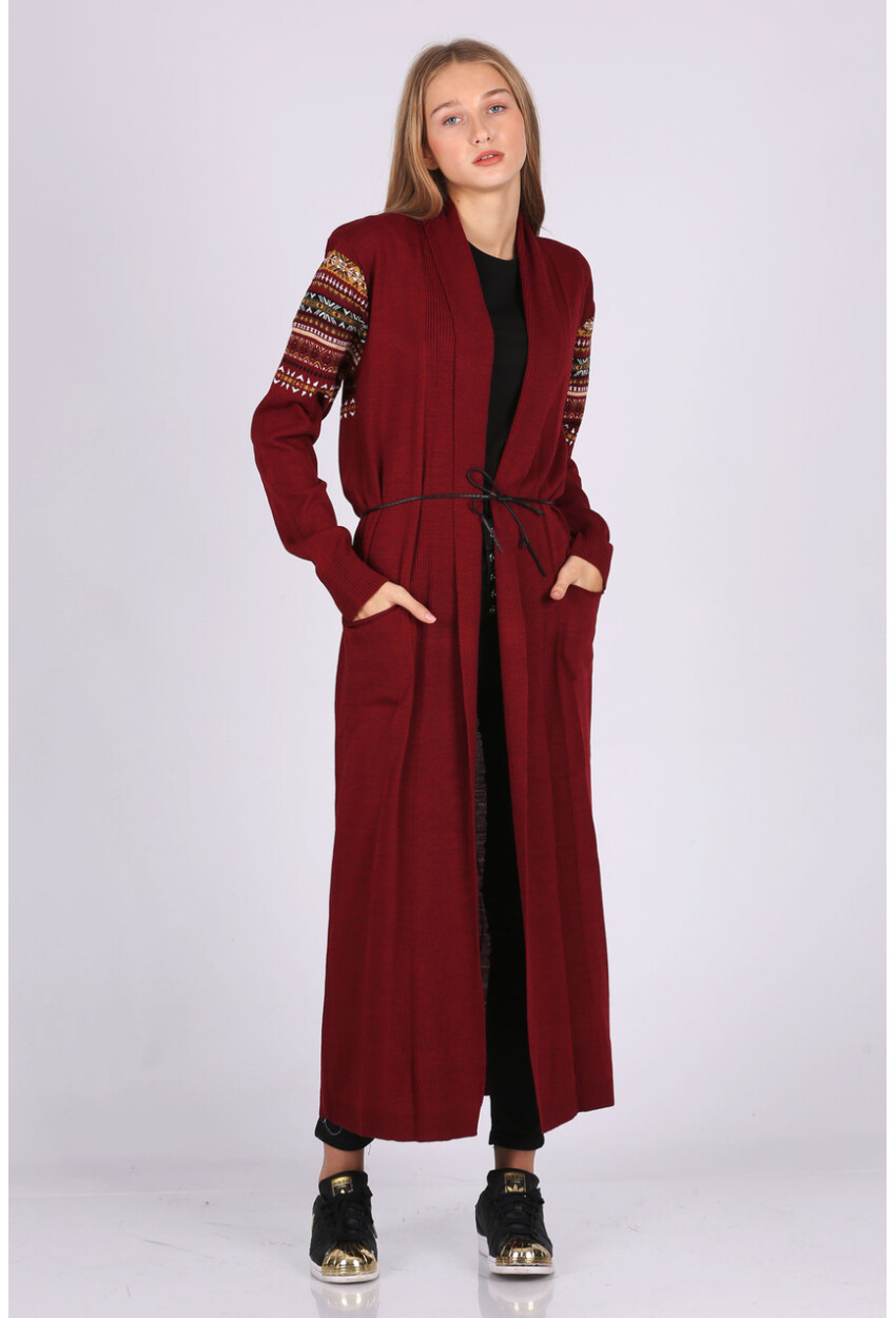 15725 Long Knit Cardigan With Belt And Pattern