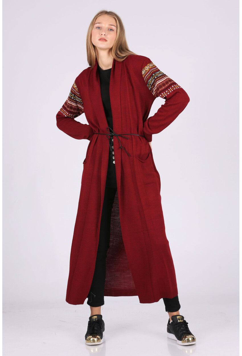15725 Long Knit Cardigan With Belt And Pattern