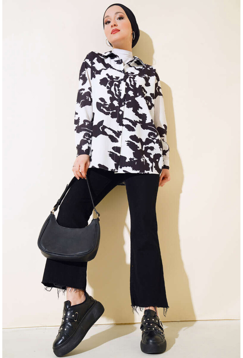 20179 Patterned Long Oversized Shirt