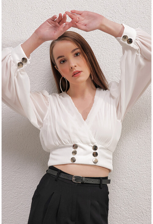 0464 Balon Kol Crop  Bluz