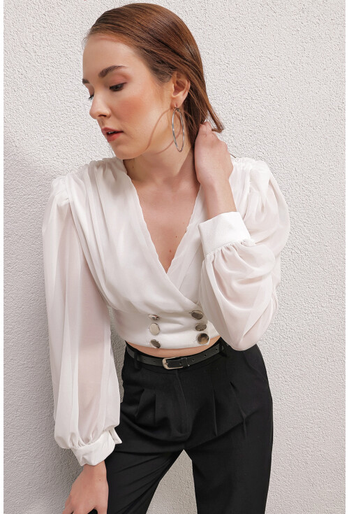 0464 Balon Kol Crop  Bluz