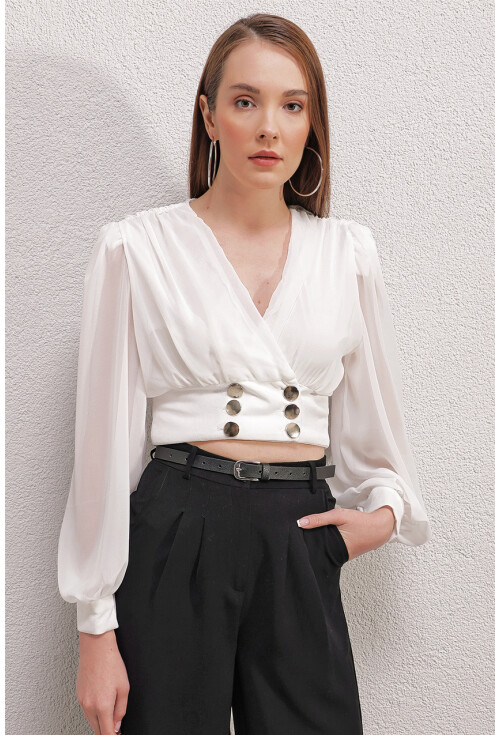 0464 Balon Kol Crop  Bluz