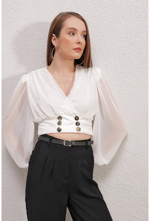 0464 Balon Kol Crop  Bluz