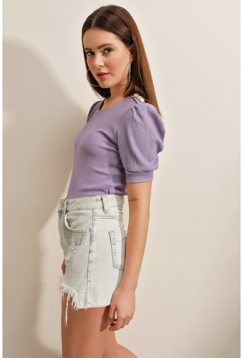 0468 Düğme Detaylı Örme Bluz