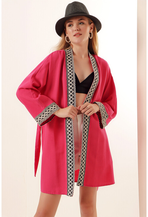 05867 Nakışlı Keten Kimono