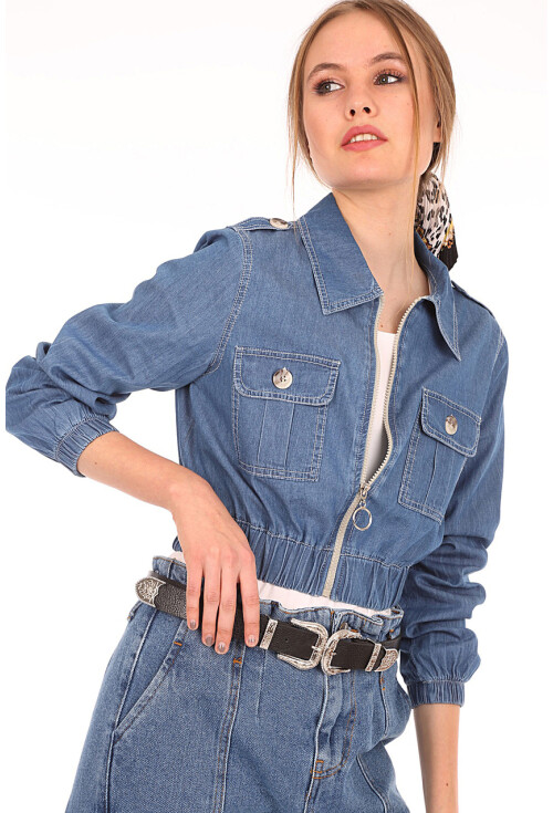 0647 BELİ LASTİKLİ CROP KOT CEKET