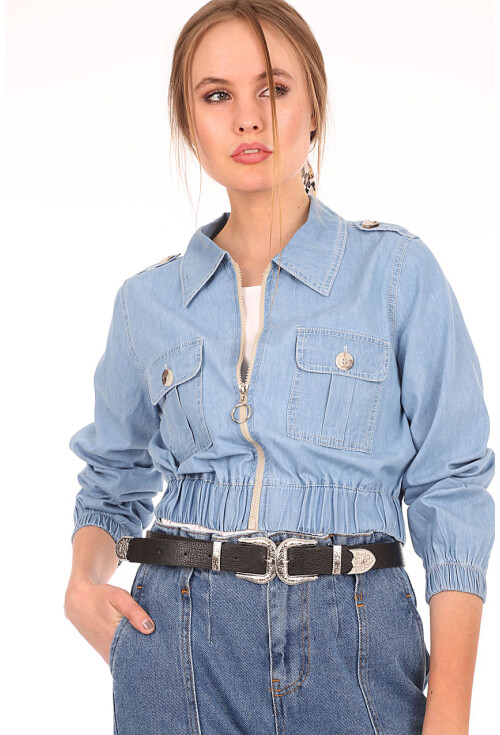 0647 BELİ LASTİKLİ CROP KOT CEKET
