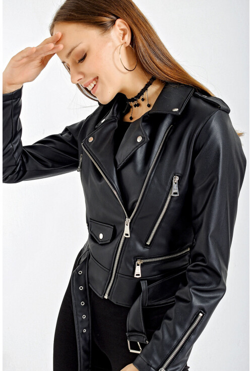 0652 Suni deri kısa biker ceket