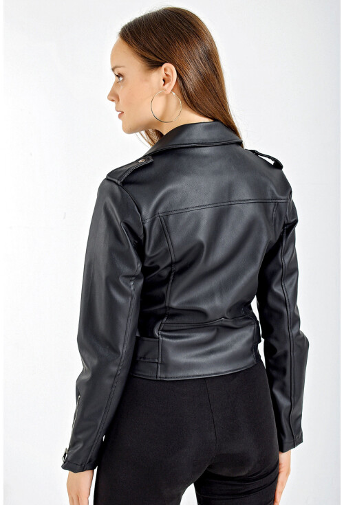 0652 Suni deri kısa biker ceket
