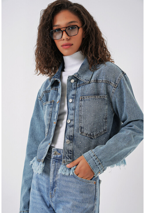 0716 Çift Cepli Crop Kot Ceket