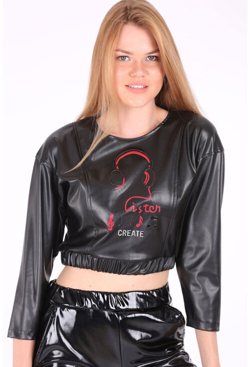 10249 LİSTEN BASKILI SUNİ DERİ BLUZ