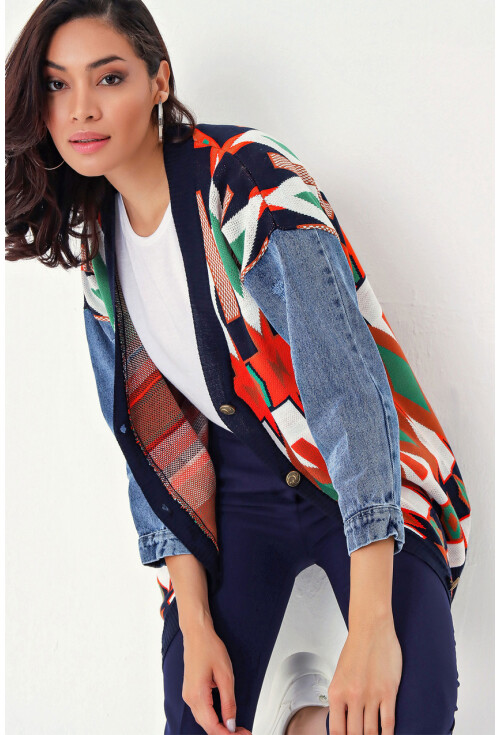10303 Etnik Desen Oversize Triko Hırka