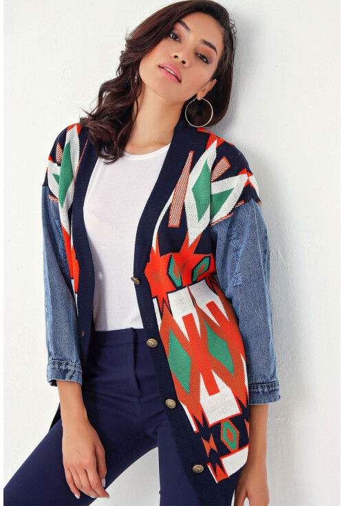 10303 Etnik Desen Oversize Triko Hırka