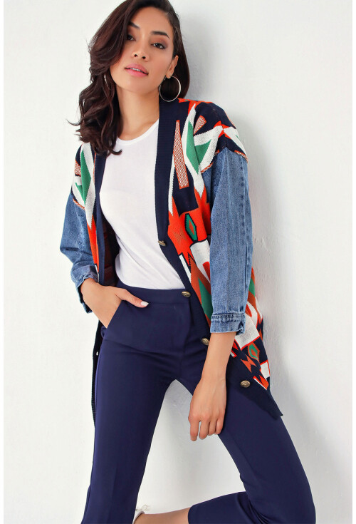 10303 Etnik Desen Oversize Triko Hırka