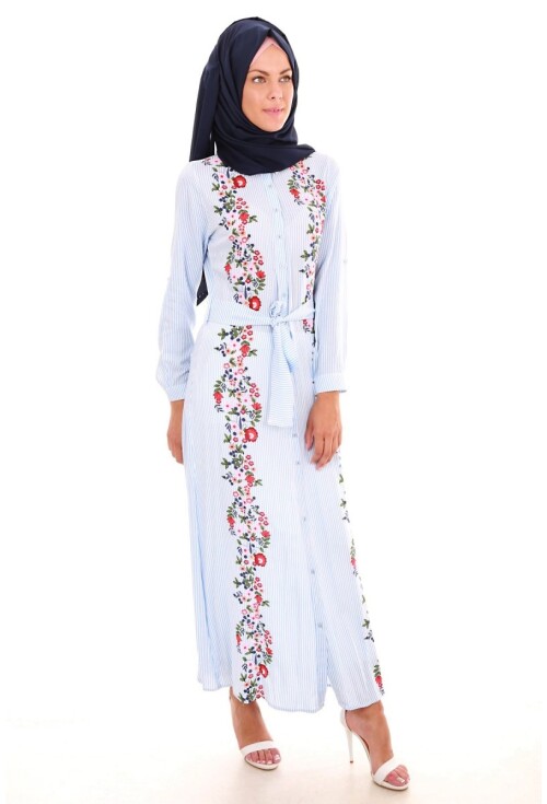 1524 BEL KUŞAK DESENLİ TESETTÜR ELBİSE