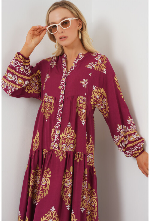 2423 Otantik Desenli Tesettür Elbise