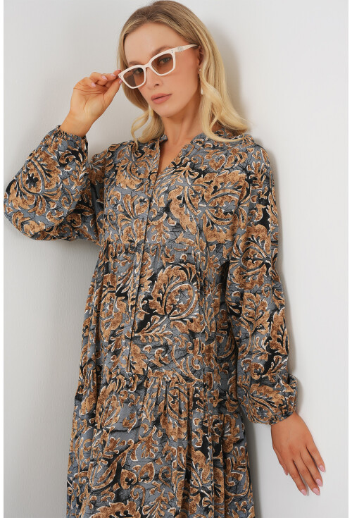 2423 Otantik Desenli Tesettür Elbise