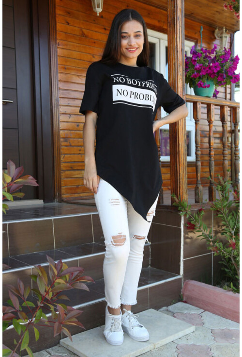 2850 YAZI BASKILI SİMETRİK KESİM TSHIRT